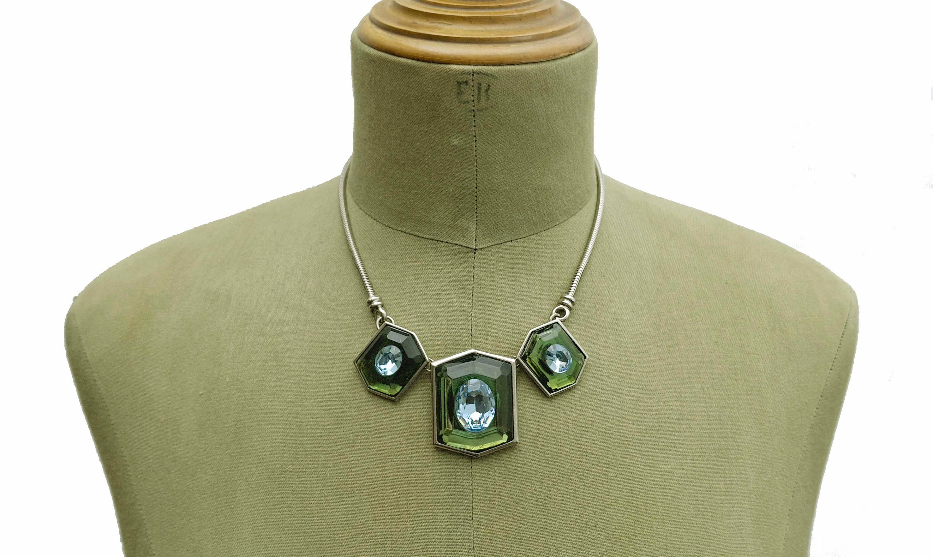 YVES SAINT LAURENT Vintage Green and Blue Rhinestones Silver Necklace