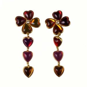 YVES SAINT LAURENT Vintage Clover Heart Resin Cabochons Dangle Earrings