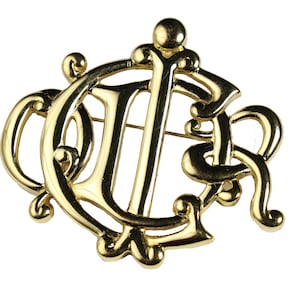 CHRISTIAN DIOR Gold Metal Logo Vintage Large Brooch Necklace Pendant