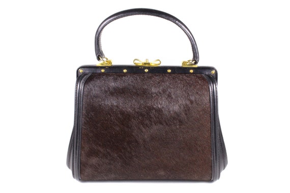 Vintage Black Leather and Brown Fur Frame Handbag Etsy