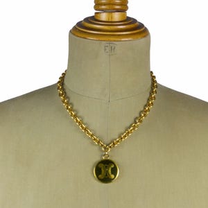 CELINE Vintage Triomphe Logo Enamel Medallion Pendant Necklace