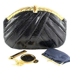JUDITH LEIBER Black Snake Skin Pleated Handbag