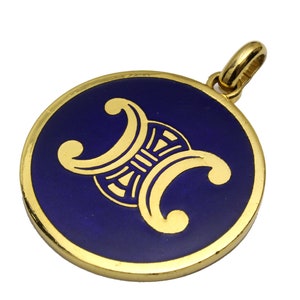 CELINE Vintage Triomphe Logo Navy Enamel Medallion Pendant