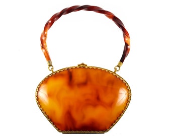 Vintage Lucite Vanity Purse Shell Tortoiseshell Finish Cluth