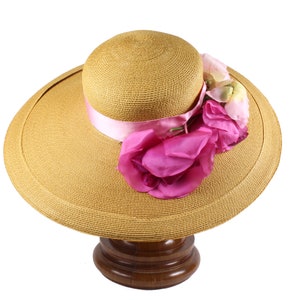 TRACEY TOOKER Vintage Straw Floral Wide Trim Hat with Pink Ribbon