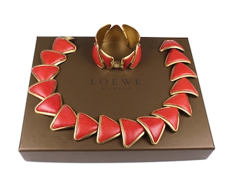 LOEWE Vintage Red Lizard Skin Necklace and Bracelet Set