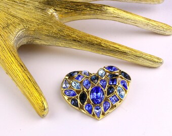 イヴ・サンローランのゴールドハートブルーラインストーンブローチ