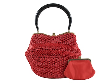 MORRIS MOSKOWITZ Red Raffia Handbag with Lucite Handle