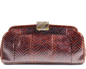 Vintage Brown Snakeskin Clutch Handbag With Gold and Silver Brooch