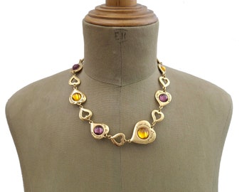YVES SAINT LAURENT Vintage Hearts Cabochons Chain Link Necklace