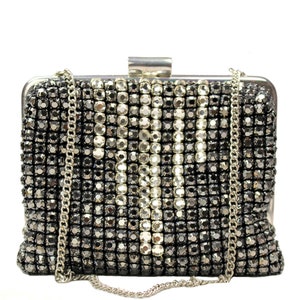 Bicolor Hand Made Rhinestone Clutch With Silver Chain Handle