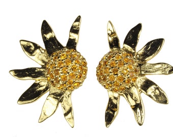 YVES SAINT LAURENT Vintage Large Rhinestone Sunflower Earrings