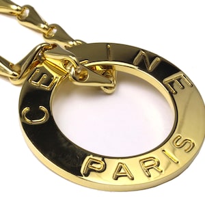CELINE Vintage 90&#39;s Gold Plated Disc Logo Pendant Necklace
