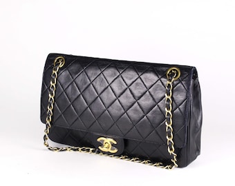 CHANEL Vintage 1980's Classic 11.12 Double Flap Black Leather Bag