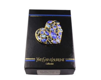 イヴ・サンローランのゴールドハートブルーラインストーンブローチ