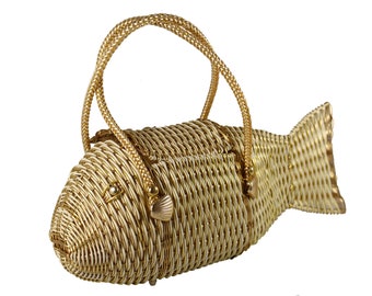 Vintage 1950s White and Gold Plastic Wicker Fish Purse Bag