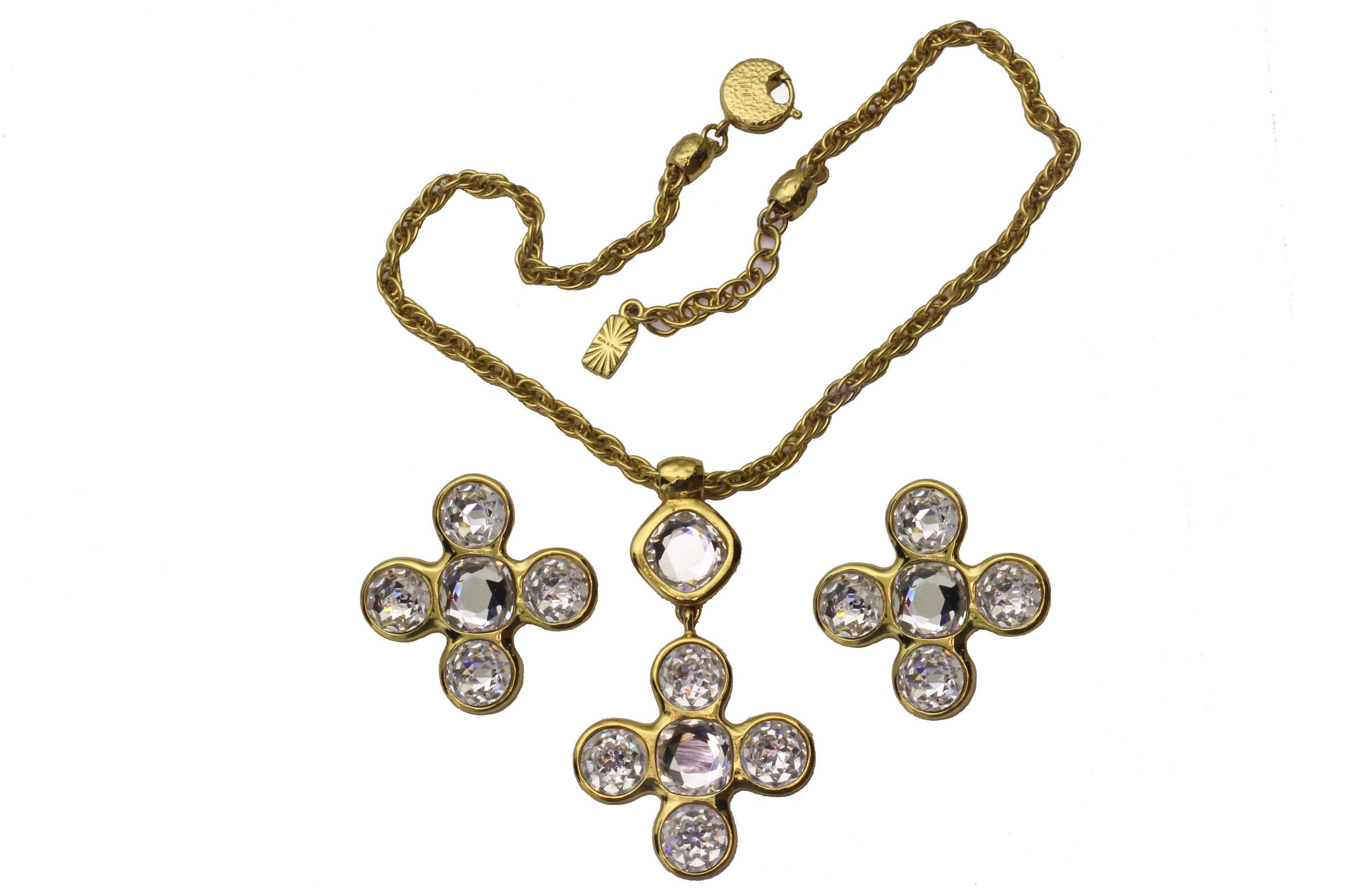 YVES SAINT LAURENT Vintage Clear Rhinestone Cross Necklace