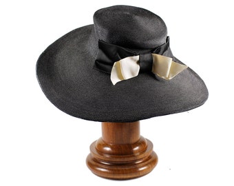 Vintage Wide Brimmed Hat Black Raffia