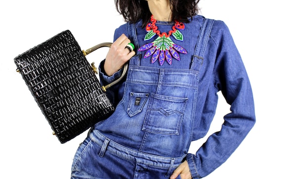 Vintage Structured Black Wicker Bag - image 1