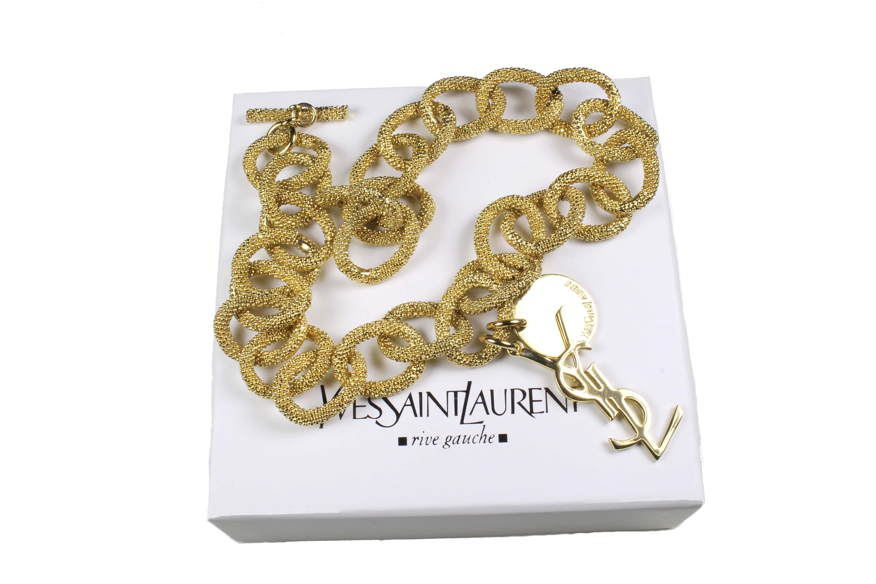 Yves Saint Laurent Vintage Chunky Chain Necklace YSL Logo Charm at