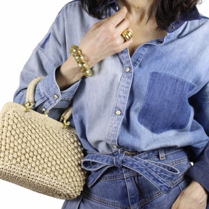 Bolso Vintage de Rafia y Perlas Color Marfil