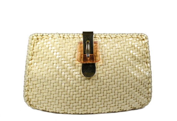 Vintage Ivory Plastic Wicker Handbag Clutch - image 2