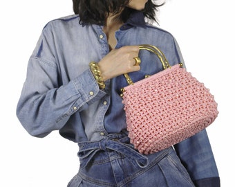 Vintage Pink Raffia And Beads Handbag