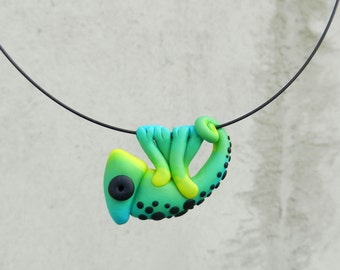 Hand made polymer clay cute GREEN spotted chameleon pendant