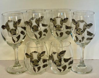 Holstein - Set of 2 - Black & White Cow - Hand Painted Glasses
