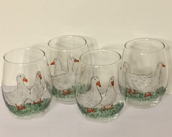 White Ducks - Set of 2 - Hand Painted Glasses