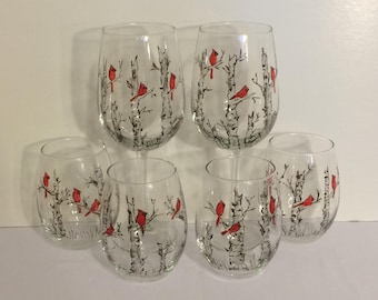 Cardinals in Birch Trees - Set of 2 - Hand Painted Glasses