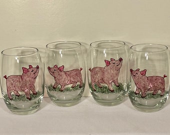 Pink Piglets - Set of 2 - Hand Painted Glasses