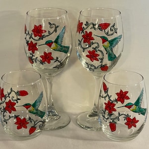 Hummingbird with red flowers - Set of 2