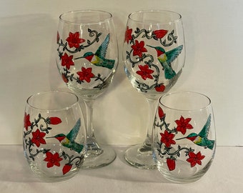 Hummingbird with red flowers - Set of 2