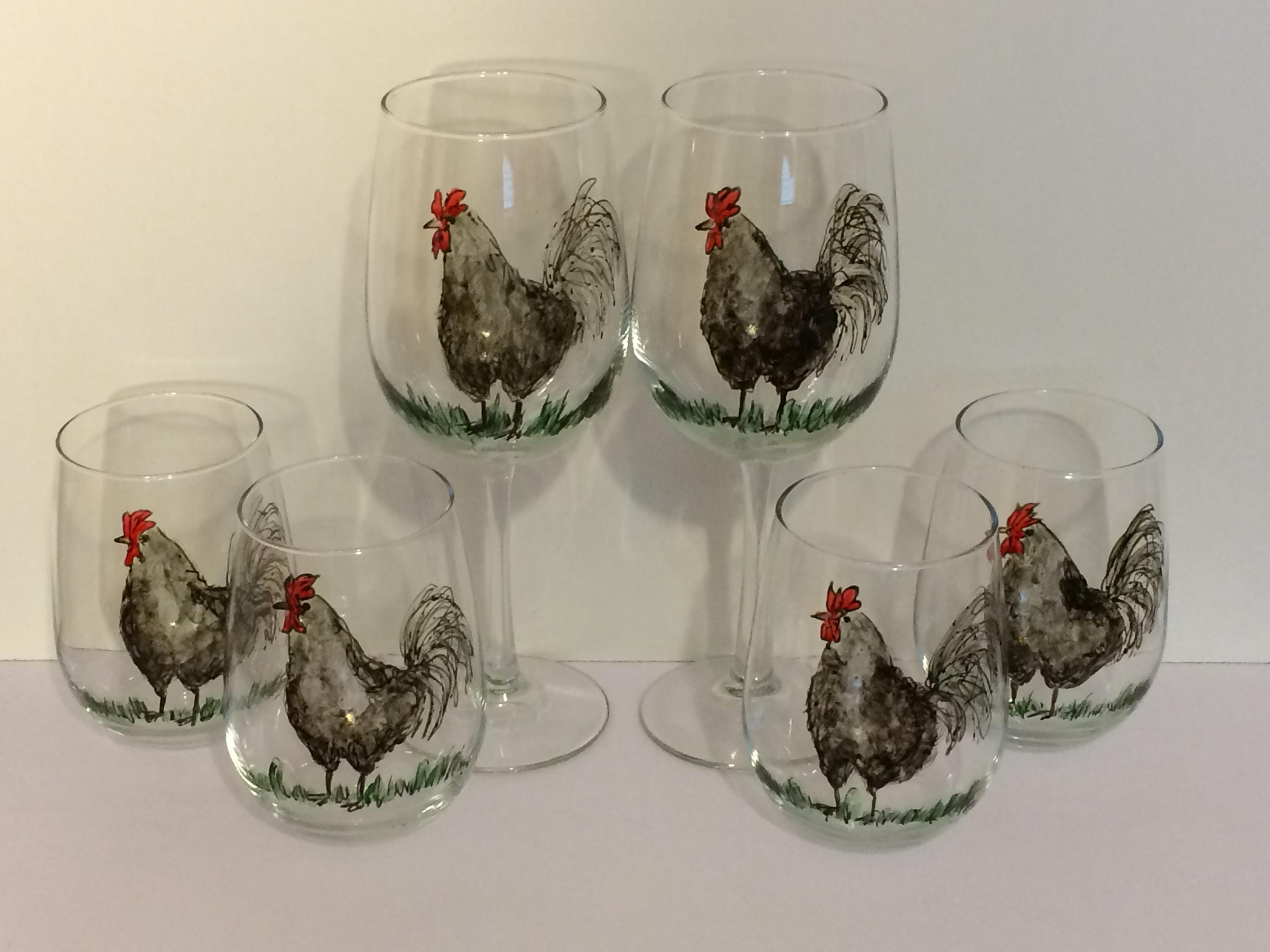 Rooster - Set of 2 - Hand Painted Glasses