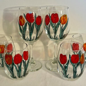 Red & Yellow Tulips - Set of 2 - Hand Painted Glasses