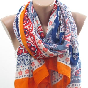 Scarf  Multicolored Paisley Checkered Plaid Shoulder Wrap Natural Fiber Boho Throw Picnic Blue Burnt Orange Brown Grey Striped Summer Gifts