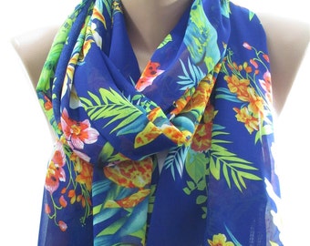 Soft Cashmere Scarf For Women Floral Blue Hawaiian Hand Draw Tropical Flower Blossom Cluster Green Pattern Hibiscus Hawaii Fashion Lady Shawls,Comfortable Warm Winter Scarfs