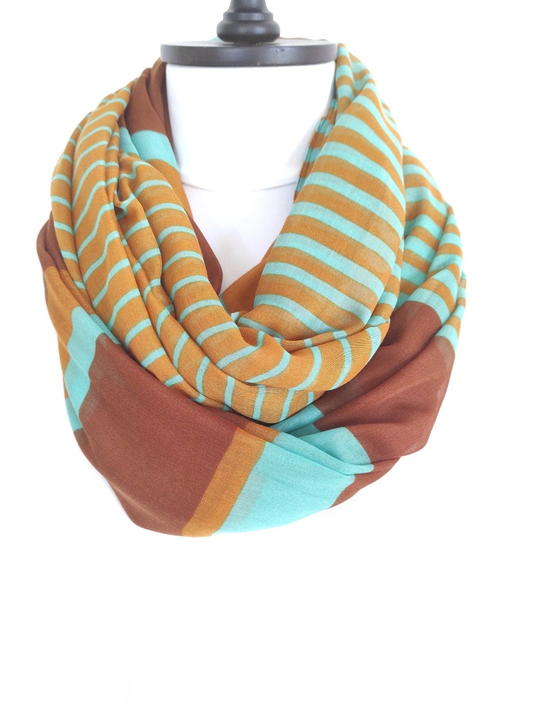 Brown Mint Striped Scarf Cotton Scarf Women Infinity Scarf - Etsy