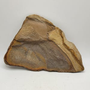 May include: A natural, irregularly shaped sandstone rock with a variety of earth-tone colors. The rock has a rough texture and displays layers of tan, brown, and gray hues. The overall shape is triangular, with a flat base and a slightly curved top.
