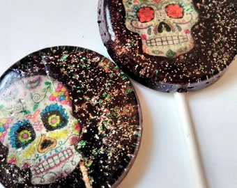 Halloween Party Favor Lollipops, Sugar Skull Lollipops, Set of 6 Edible Image Lollipops, Halloween Party Favors, Sugar Skull Party Favors