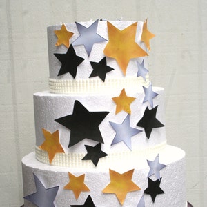 Edible Stars Cake Decorations, New Years Eve Cake Decorations, Set of 24 DIY Cake Decor, Edible Cake Decorations, NYE Wedding Black and gold image 1