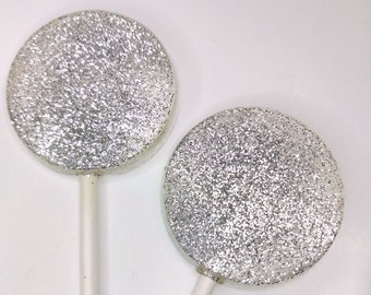 Silver Wedding Favor Lollipops -Champagne Flavor Candy with Silver Edible Glitter - 6 Pack-  Wedding Favors, Party Favors, New Years Party