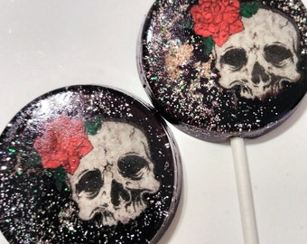 Halloween Party Favor Lollipops, Skull and Rose Lollipop, Set of 6 Edible Image Lollipops, Halloween Party Favors, Tattoo Design Favors