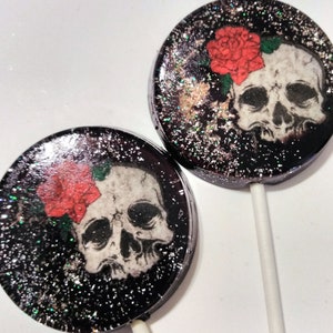 Halloween Party Favor Lollipops, Skull and Rose Lollipop, Set of 6 Edible Image Lollipops, Halloween Party Favors, Tattoo Design Favors