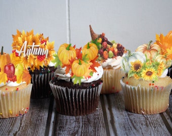 Edible Fall Cake Decorations, Fall Pumpkins and Leaves, Cupcake and Cake Toppers,  Edible Cake Decorations, Fall Decorations, Floral Cake