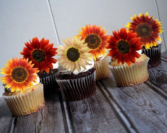 Edible Flower Cake Decorations, Fall Colored Sunflowers, Cupcake and Cake Toppers,  Edible Cake Decorations, Fall Flowers, Floral Cake