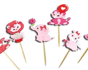 Valentinstag Cupcake Toppers, Cake Toppers, Set von 12 Safaritiere, benutzerdefinierte Partydekoration, Valentine Party, rosa Safaritiere Love Decor