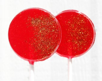 Red and Gold Wedding Favor Lollipops - Flat Round  with Edible Glitter  30 Lollipop Pack Red Wedding Favors, Party Favors, Black Tie Event