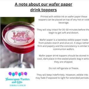 May include: A cocktail glass with a pink beverage and a wafer paper drink topper. The topper reads "all you need is LOVE and Cocktails" with pink cocktail glass illustrations. The image is for Homespun Parties and Gifts.